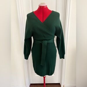 Elegant Green Wrap Sweater Dress